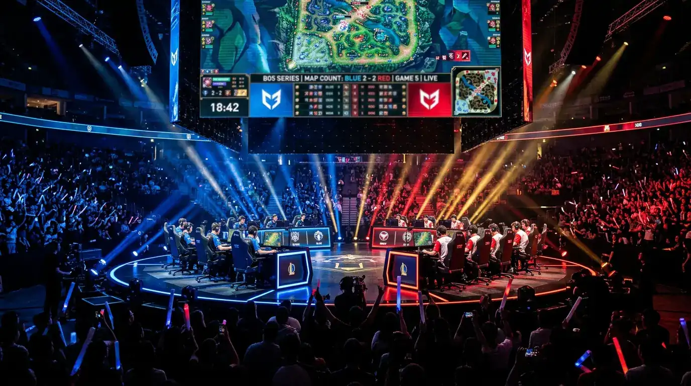 Serie Bo5 disputándose en el escenario del Mundial de League of Legends