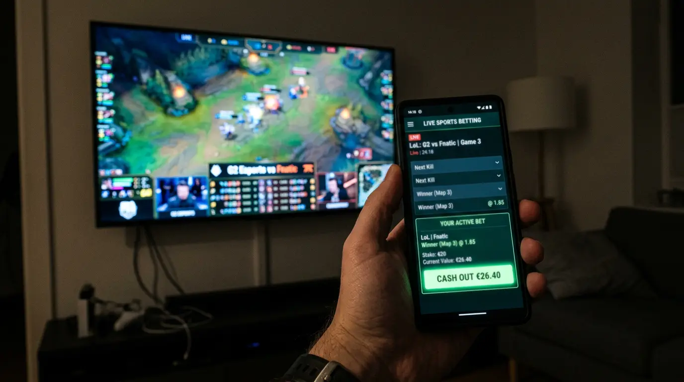 Pantalla de cash-out de una apuesta en directo sobre un partido de League of Legends
