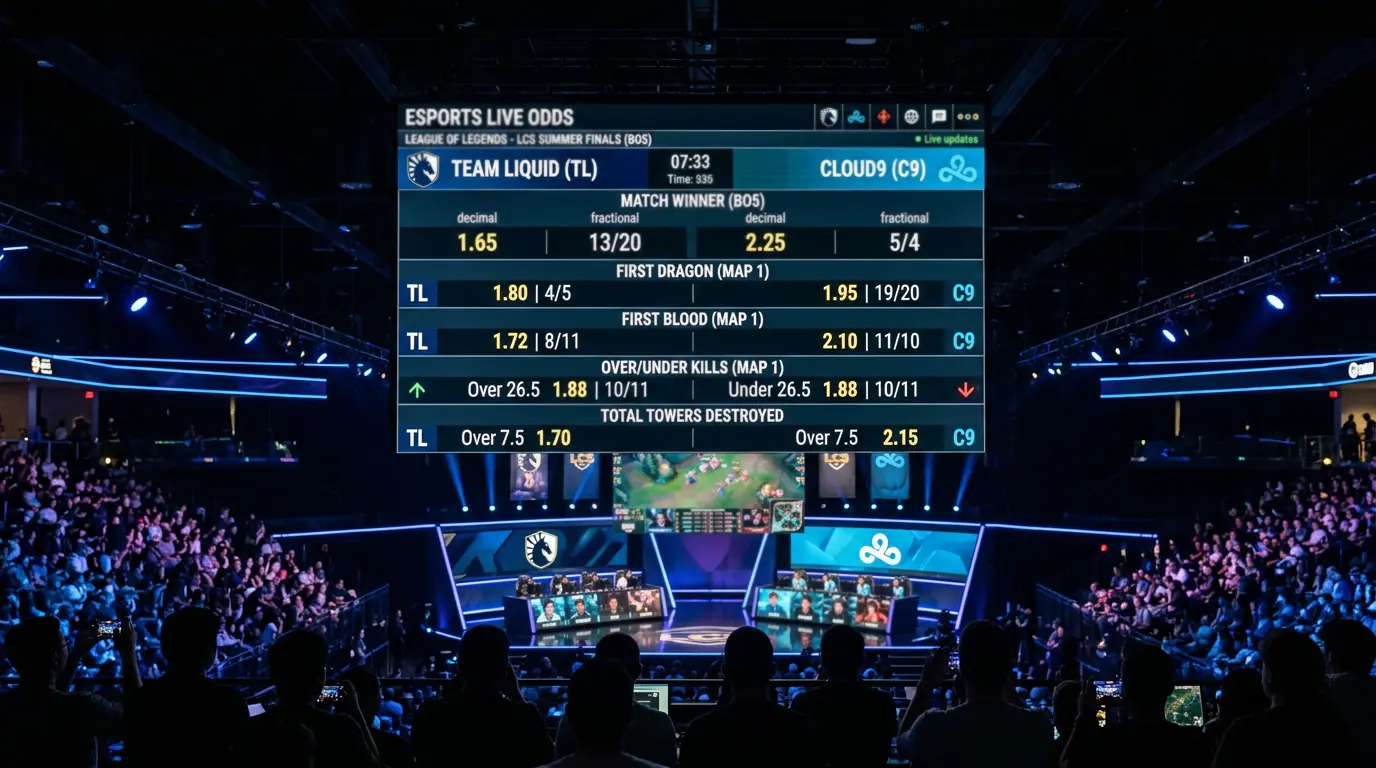 Tablero con cuotas en formato decimal y fraccional para un partido de League of Legends