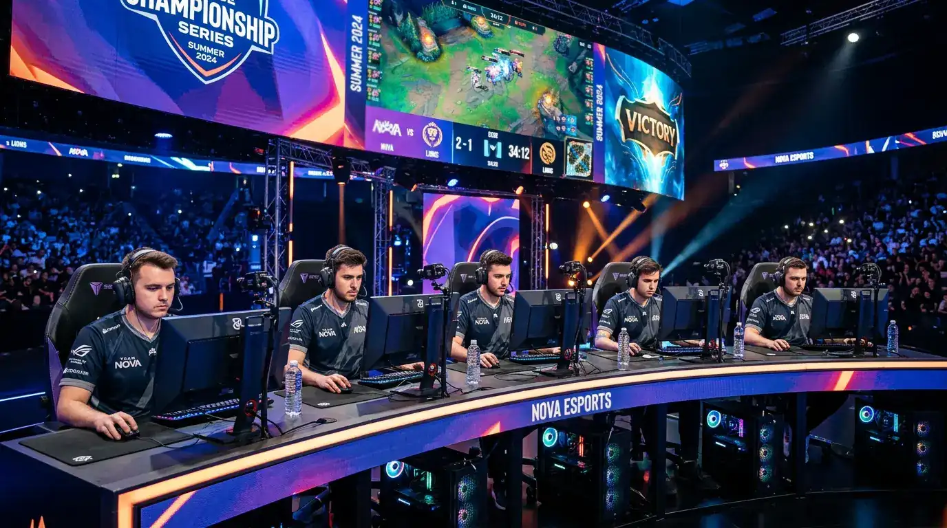 Plantilla profesional de Gen.G en el escenario del Mundial de League of Legends