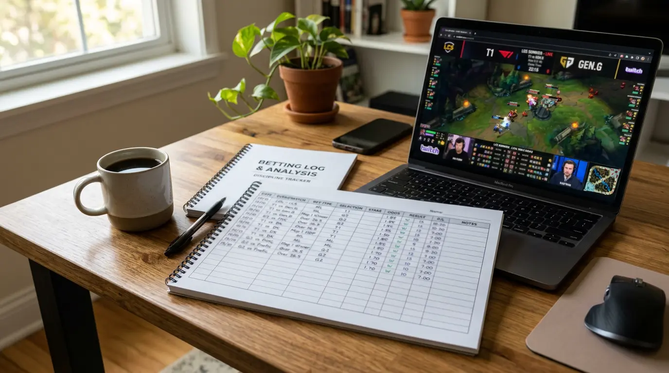 Cuaderno de registro de apuestas de League of Legends con seguimiento de unidades