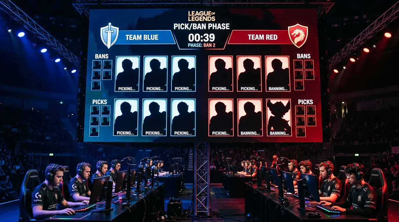 Pantalla de selección de campeones con la meta competitiva de Worlds en League of Legends