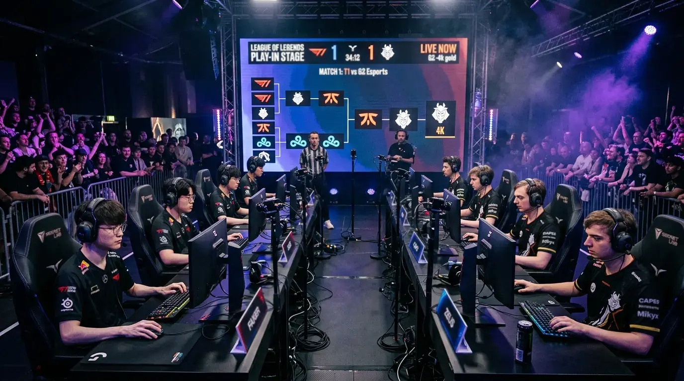 Partido de la fase Play-In del Mundial de League of Legends en escenario oficial