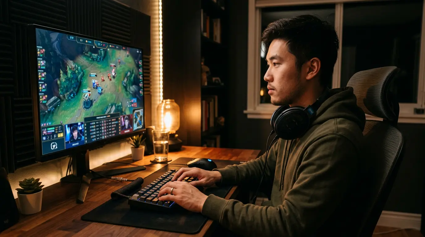 Apostador frente a la pantalla concentrado durante una partida de League of Legends