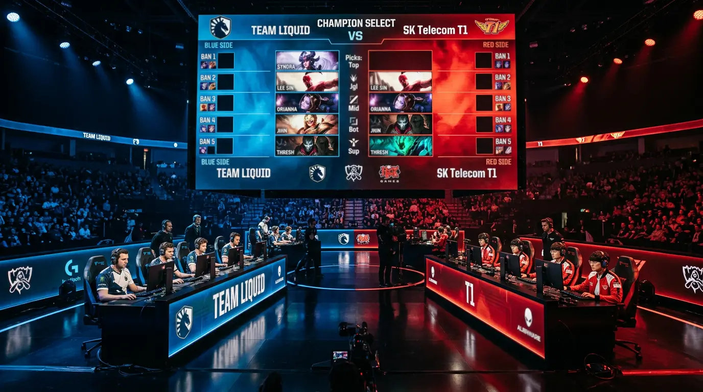 Pantalla de selección del lado azul y rojo en un partido de League of Legends