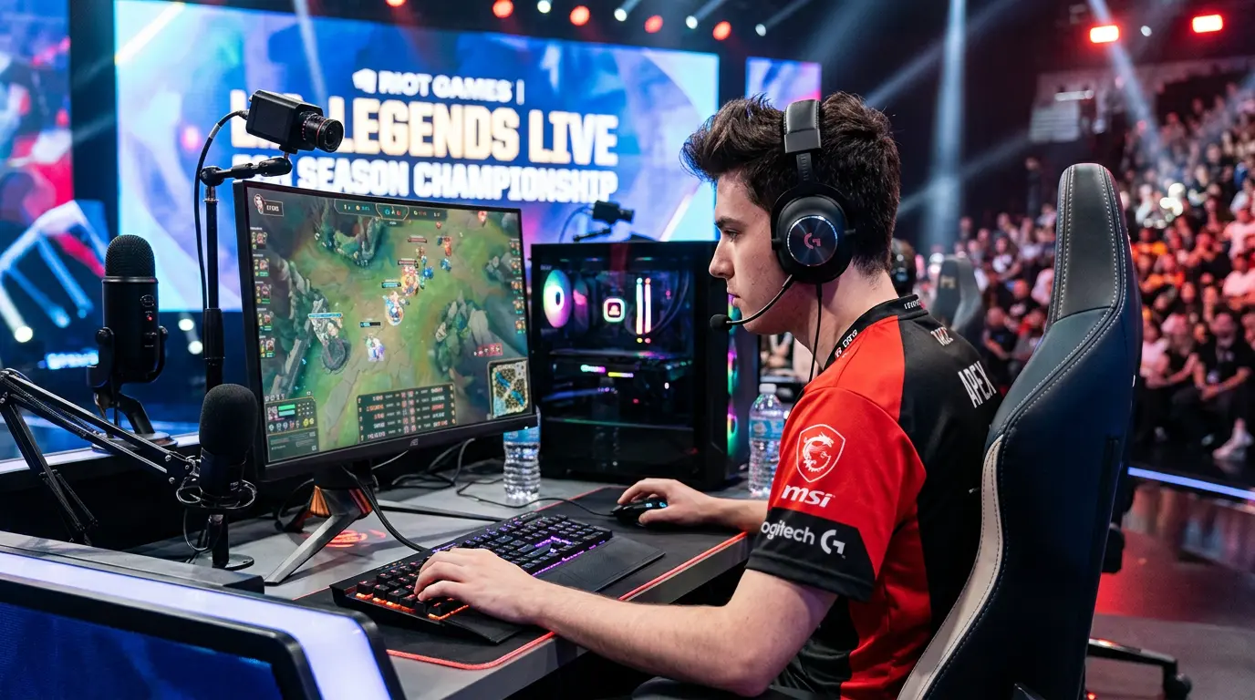 Jugador profesional de T1 en el escenario del Mundial de League of Legends